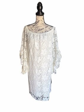 NWT Fever White Lace Long Bell Sleeve Flowy Boho Mini Dress Bridal Summer Large